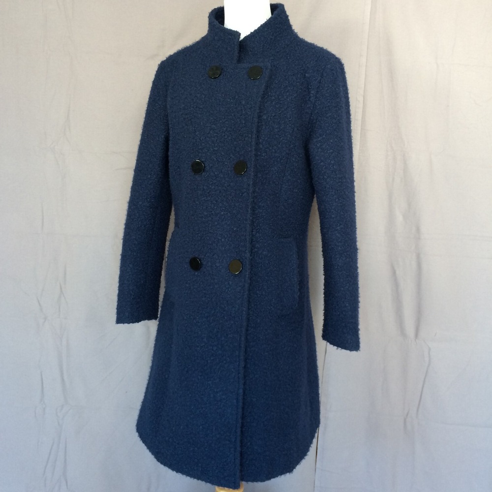 Smashed Lemon Pea Coat Womens 10 Wool Blend Stand Up‎ Collar Blue Boucle